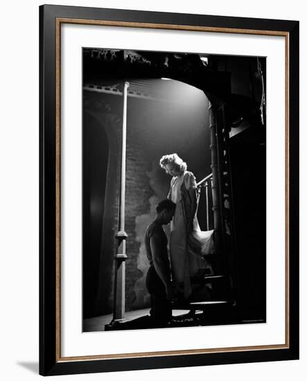 Actor Marlon Brando Kneeling before Actress Kim Hunter in Love Scene, A Streetcar Named Desire-Eliot Elisofon-Framed Premium Photographic Print