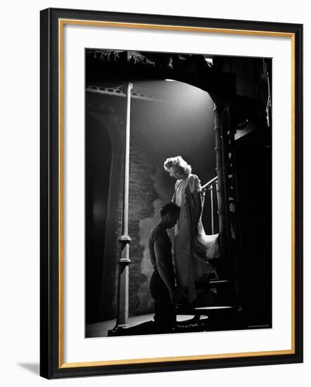 Actor Marlon Brando Kneeling before Actress Kim Hunter in Love Scene, A Streetcar Named Desire-Eliot Elisofon-Framed Premium Photographic Print