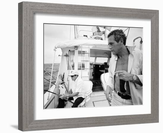 Actor Paul Newman Fishing with a Friend-Mark Kauffman-Framed Premium Photographic Print