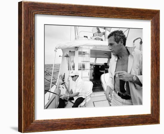 Actor Paul Newman Fishing with a Friend-Mark Kauffman-Framed Premium Photographic Print