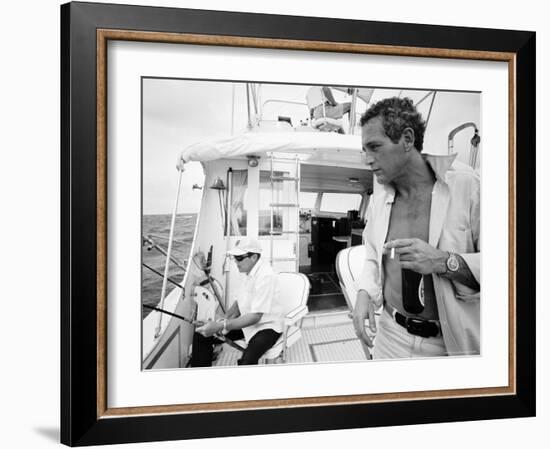 Actor Paul Newman Fishing with a Friend-Mark Kauffman-Framed Premium Photographic Print