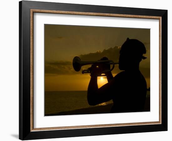 Actor Playing the Trumpet at Sunset, Trinidad, Cuba, West Indies, Central America-Michael Runkel-Framed Photographic Print