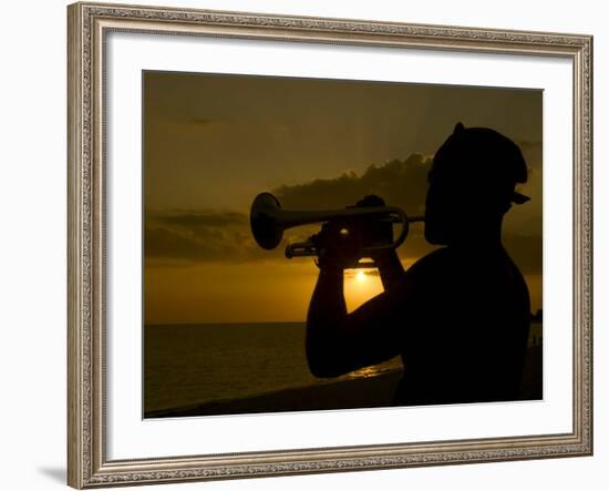 Actor Playing the Trumpet at Sunset, Trinidad, Cuba, West Indies, Central America-Michael Runkel-Framed Photographic Print