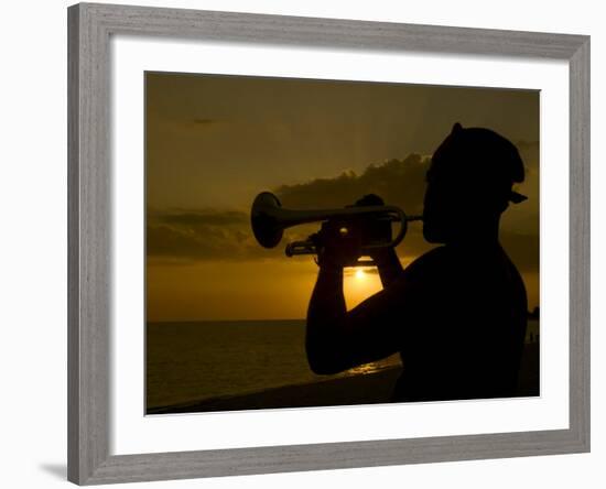 Actor Playing the Trumpet at Sunset, Trinidad, Cuba, West Indies, Central America-Michael Runkel-Framed Photographic Print