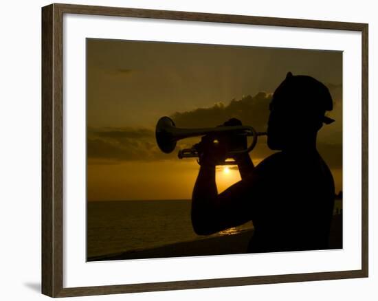 Actor Playing the Trumpet at Sunset, Trinidad, Cuba, West Indies, Central America-Michael Runkel-Framed Photographic Print