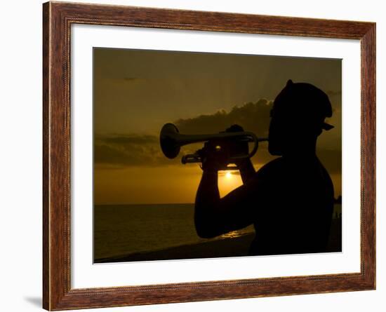 Actor Playing the Trumpet at Sunset, Trinidad, Cuba, West Indies, Central America-Michael Runkel-Framed Photographic Print