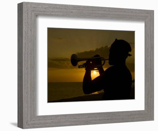 Actor Playing the Trumpet at Sunset, Trinidad, Cuba, West Indies, Central America-Michael Runkel-Framed Photographic Print