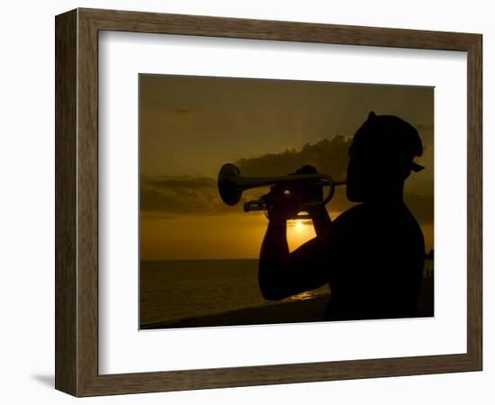 Actor Playing the Trumpet at Sunset, Trinidad, Cuba, West Indies, Central America-Michael Runkel-Framed Photographic Print