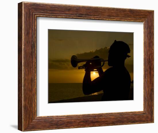 Actor Playing the Trumpet at Sunset, Trinidad, Cuba, West Indies, Central America-Michael Runkel-Framed Photographic Print