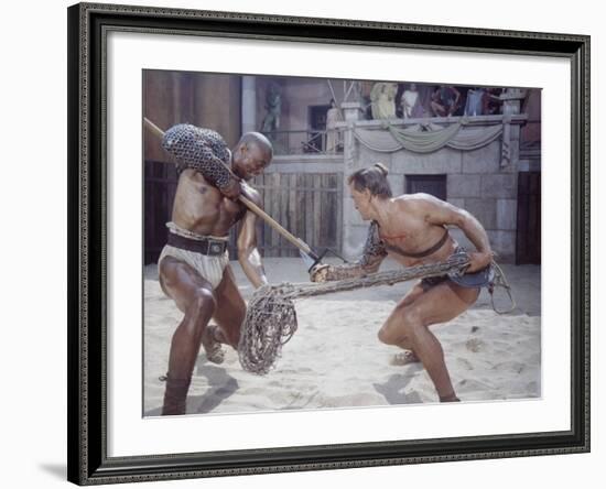 Actor Woody Strode Squaring Off Against Actor Kirk Douglas in Gladiator Battle in "Spartacus"-J^ R^ Eyerman-Framed Premium Photographic Print