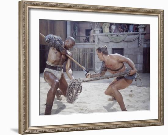 Actor Woody Strode Squaring Off Against Actor Kirk Douglas in Gladiator Battle in "Spartacus"-J^ R^ Eyerman-Framed Premium Photographic Print