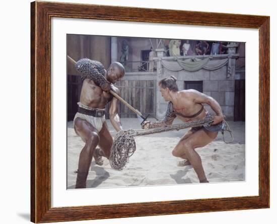 Actor Woody Strode Squaring Off Against Actor Kirk Douglas in Gladiator Battle in "Spartacus"-J^ R^ Eyerman-Framed Premium Photographic Print