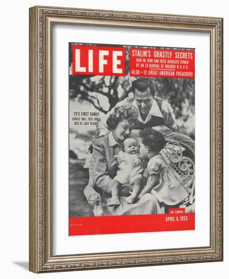 Actors Dezi Arnaz and Wife Lucille Ball with Children, Desi Jr. and Lucie, at Home, April 6, 1953-Ed Clark-Framed Photographic Print