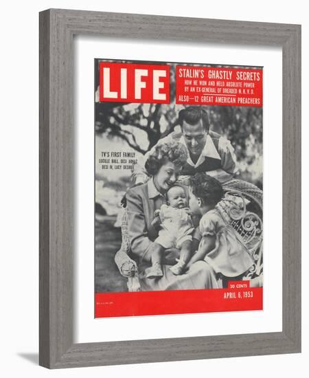 Actors Dezi Arnaz and Wife Lucille Ball with Children, Desi Jr. and Lucie, at Home, April 6, 1953-Ed Clark-Framed Photographic Print