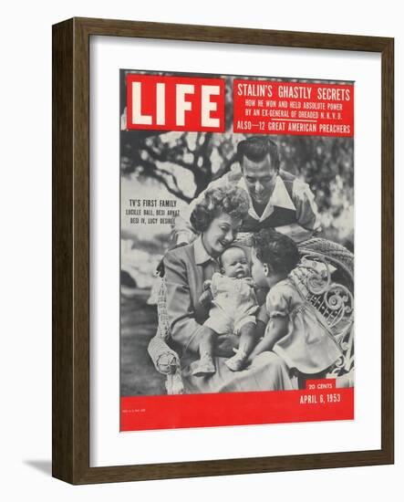 Actors Dezi Arnaz and Wife Lucille Ball with Children, Desi Jr. and Lucie, at Home, April 6, 1953-Ed Clark-Framed Photographic Print