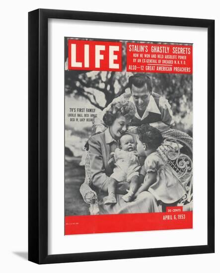 Actors Dezi Arnaz and Wife Lucille Ball with Children, Desi Jr. and Lucie, at Home, April 6, 1953-Ed Clark-Framed Photographic Print