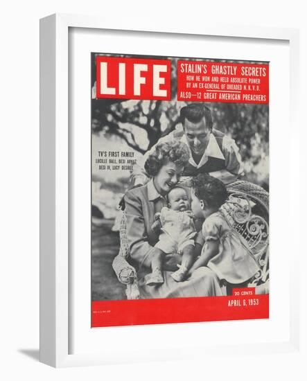 Actors Dezi Arnaz and Wife Lucille Ball with Children, Desi Jr. and Lucie, at Home, April 6, 1953-Ed Clark-Framed Photographic Print