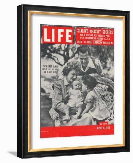 Actors Dezi Arnaz and Wife Lucille Ball with Children, Desi Jr. and Lucie, at Home, April 6, 1953-Ed Clark-Framed Photographic Print