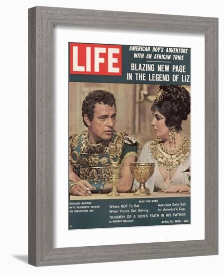 Actors Richard Burton and Elizabeth Taylor on Set of Film "Cleopatra,", April 13, 1962-Paul Schutzer-Framed Photographic Print