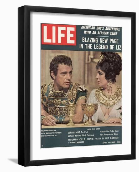 Actors Richard Burton and Elizabeth Taylor on Set of Film "Cleopatra,", April 13, 1962-Paul Schutzer-Framed Photographic Print