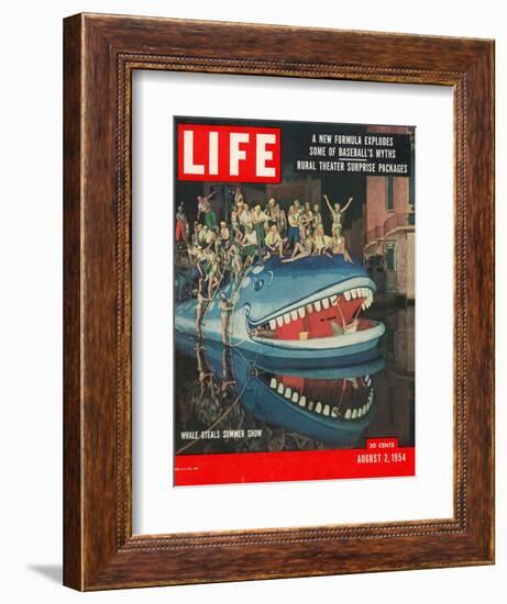 Actors Riding Giant Whale in Performance of "The Arabian Nights," Marine Theater, August 2, 1964-Gordon Parks-Framed Photographic Print