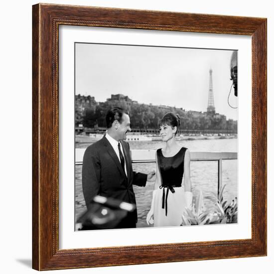 Actors William Holden and Audrey Hepburn on the Set of the Film "Paris When it Sizzles", Paris-null-Framed Photo