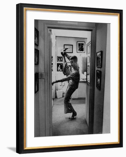 Actress Angela Lansbury Limbering Up for Hit Broadway Show 'Mame'-Mark Kauffman-Framed Premium Photographic Print