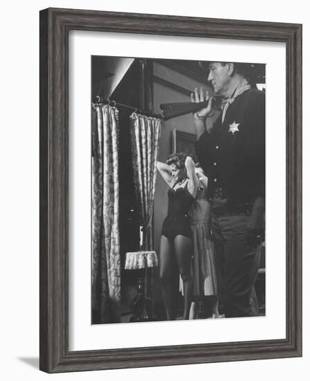 Actress Angie Dickinson During Dress Rehearsal of "Rio Bravo" with Actor John Wayne-Allan Grant-Framed Premium Photographic Print