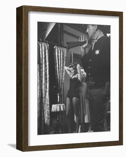 Actress Angie Dickinson During Dress Rehearsal of "Rio Bravo" with Actor John Wayne-Allan Grant-Framed Premium Photographic Print