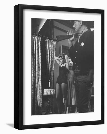 Actress Angie Dickinson During Dress Rehearsal of "Rio Bravo" with Actor John Wayne-Allan Grant-Framed Premium Photographic Print