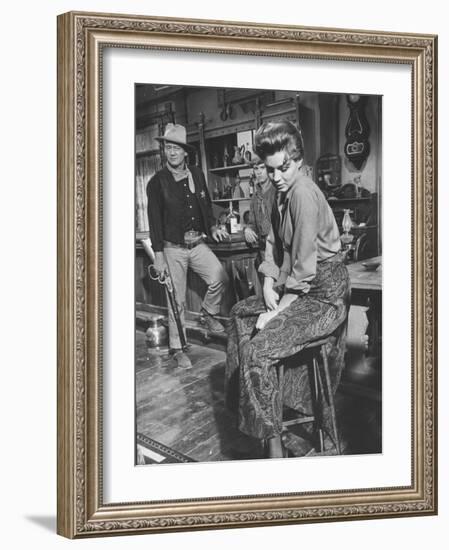 Actress Angie Dickinson on Set for "Rio Bravo" with Actor John Wayne-Allan Grant-Framed Premium Photographic Print