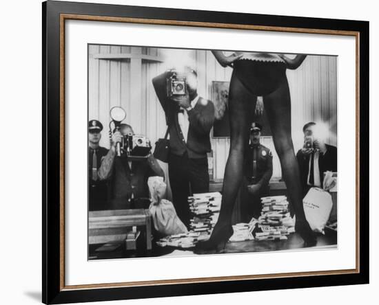 Actress Angie Dickinson's Lower Half Straddling a Million Dollars in Fake Money-John Dominis-Framed Premium Photographic Print