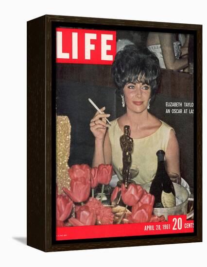 Actress Elizabeth Taylor with her Academy Award at an Oscar Party Following her Win, April 28, 1961-Allan Grant-Framed Premier Image Canvas