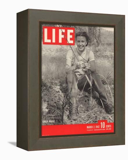 Actress Ginger Rogers Geared up for Fly Fishing on her 1,000 Acre Ranch, March 1, 1942-Bob Landry-Framed Premier Image Canvas