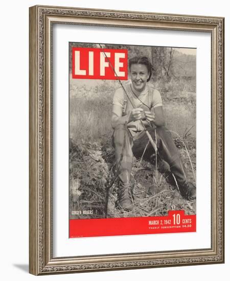 Actress Ginger Rogers Geared up for Fly Fishing on her 1,000 Acre Ranch, March 1, 1942-Bob Landry-Framed Photographic Print