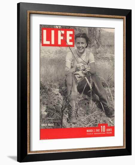 Actress Ginger Rogers Geared up for Fly Fishing on her 1,000 Acre Ranch, March 1, 1942-Bob Landry-Framed Photographic Print