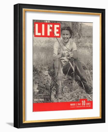 Actress Ginger Rogers Geared up for Fly Fishing on her 1,000 Acre Ranch, March 1, 1942-Bob Landry-Framed Photographic Print