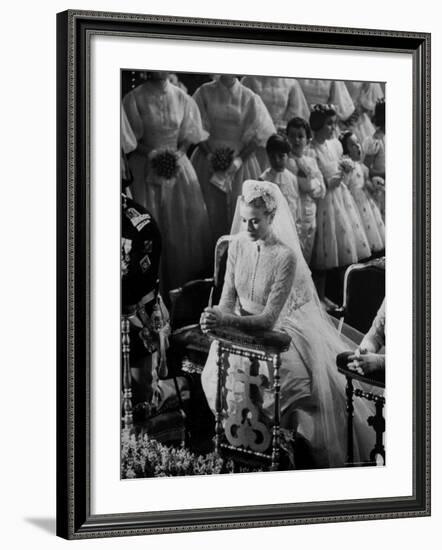 Actress Grace Kelly in Gorgeous Wedding Gown Praying During Her Wedding to Prince Rainier-Thomas D^ Mcavoy-Framed Premium Photographic Print