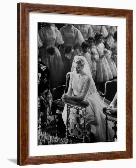 Actress Grace Kelly in Gorgeous Wedding Gown Praying During Her Wedding to Prince Rainier-Thomas D^ Mcavoy-Framed Premium Photographic Print