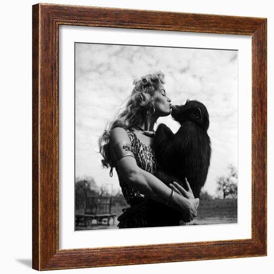 Actress Irish McCalla, Sheena Queen of the Jungle, Kissing Her Chimpanzee Co-star-Loomis Dean-Framed Premium Photographic Print
