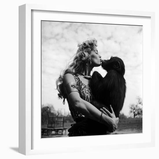 Actress Irish McCalla, Sheena Queen of the Jungle, Kissing Her Chimpanzee Co-star-Loomis Dean-Framed Premium Photographic Print