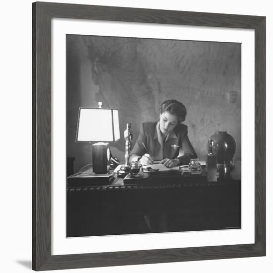 Actress Joan Fontaine Doing the Household Bookkeeping Next to Oscar Statuette-Bob Landry-Framed Premium Photographic Print