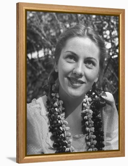 Actress Joan Fontaine Sporting Pigtails and Her Natural Freckles in Yard at Home-Bob Landry-Framed Premier Image Canvas
