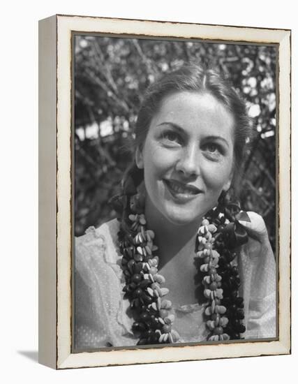 Actress Joan Fontaine Sporting Pigtails and Her Natural Freckles in Yard at Home-Bob Landry-Framed Premier Image Canvas