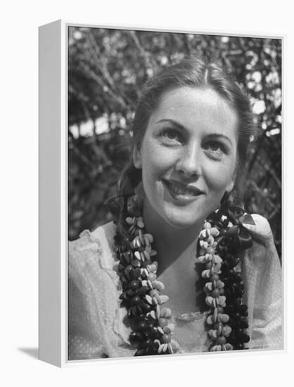 Actress Joan Fontaine Sporting Pigtails and Her Natural Freckles in Yard at Home-Bob Landry-Framed Premier Image Canvas