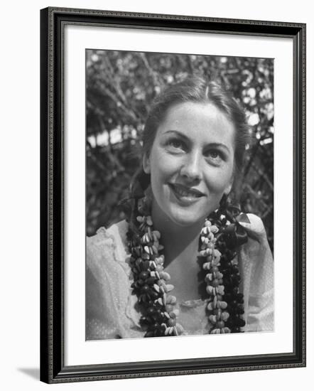 Actress Joan Fontaine Sporting Pigtails and Her Natural Freckles in Yard at Home-Bob Landry-Framed Premium Photographic Print