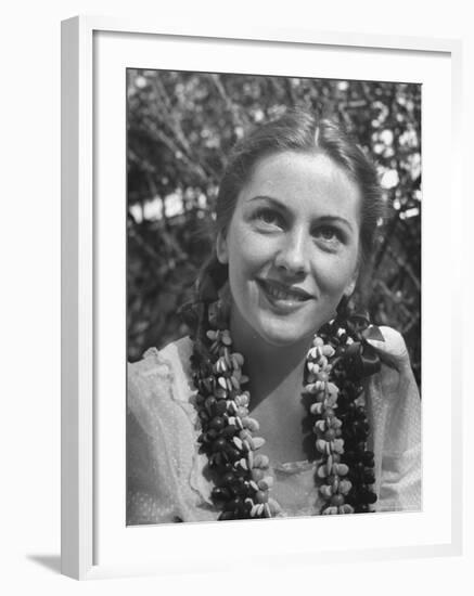 Actress Joan Fontaine Sporting Pigtails and Her Natural Freckles in Yard at Home-Bob Landry-Framed Premium Photographic Print