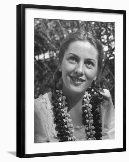 Actress Joan Fontaine Sporting Pigtails and Her Natural Freckles in Yard at Home-Bob Landry-Framed Premium Photographic Print