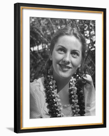 Actress Joan Fontaine Sporting Pigtails and Her Natural Freckles in Yard at Home-Bob Landry-Framed Premium Photographic Print