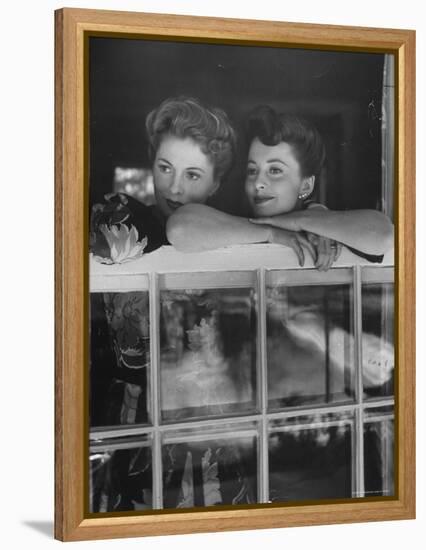 Actress Joan Fontaine with Actress Sister Olivia de Havilland Looking Out of Open Window at Home-Bob Landry-Framed Premier Image Canvas